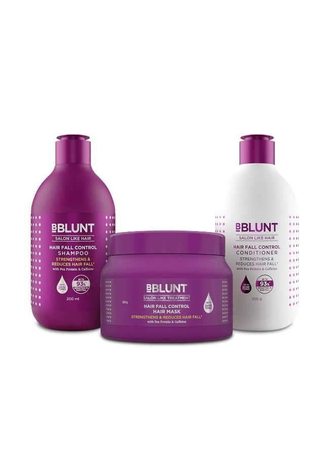 BBlunt Hair Fall Control Combo | Shampoo + Conditioner + Hair Mask | Reduces Hair Fall | Strengthens Hair | Enriched with Shine Tonic | For Men & Women | 300 ml + 250 g + 250 g - Image 1